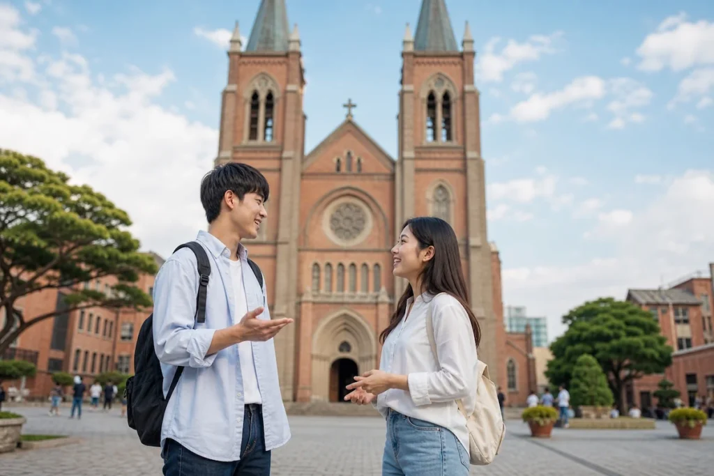 대구 계산성당 앞의 학생들