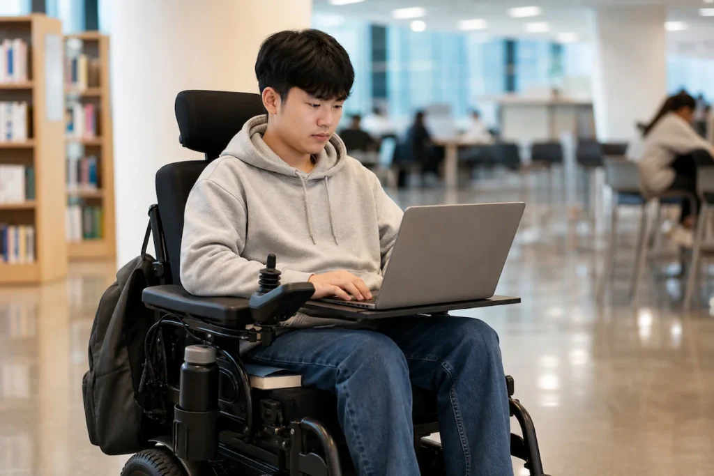 전동 휠체어에 앉아 노트북으로 과제를 수행하는 대학생