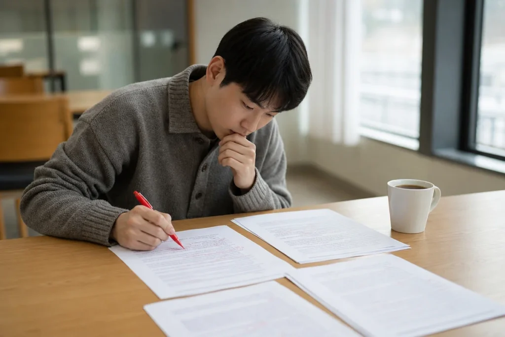 논문 초고 검토와 편집하는 학생