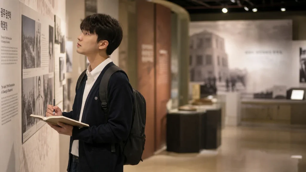 독립운동 기념관에서 선조의 독립 활동 자료를 수집하는 장학 지원생 