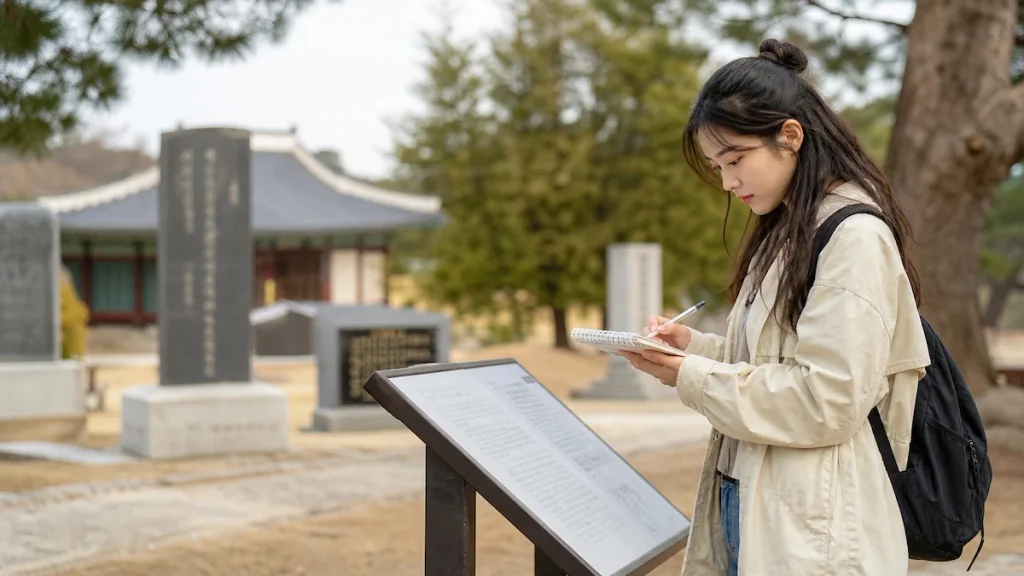 독립운동 유적지를 현장 탐방하며 활동 기록을 하는 장학생