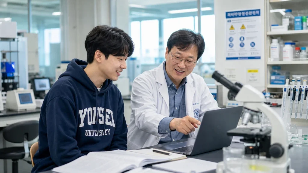 연구실에서 토론하는 학생과 지도교수