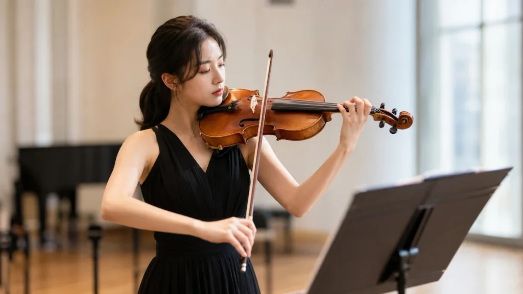 바이올린 연주 연습을 하는 학생