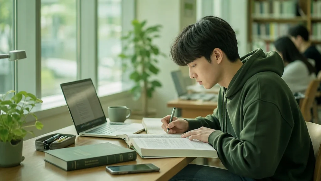 도서관에서 공부하는 재일한국인 학생