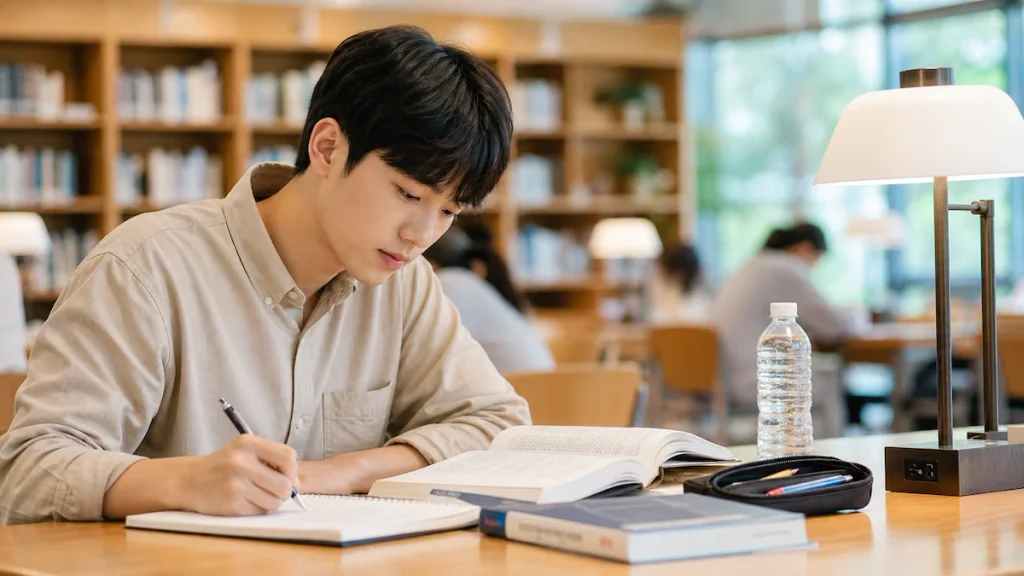 도서관에서 공부하는 학생