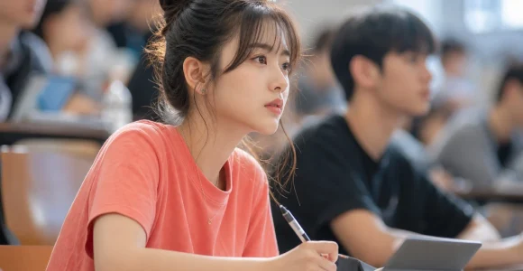 강의실에서 수업에 집중하는 여학생