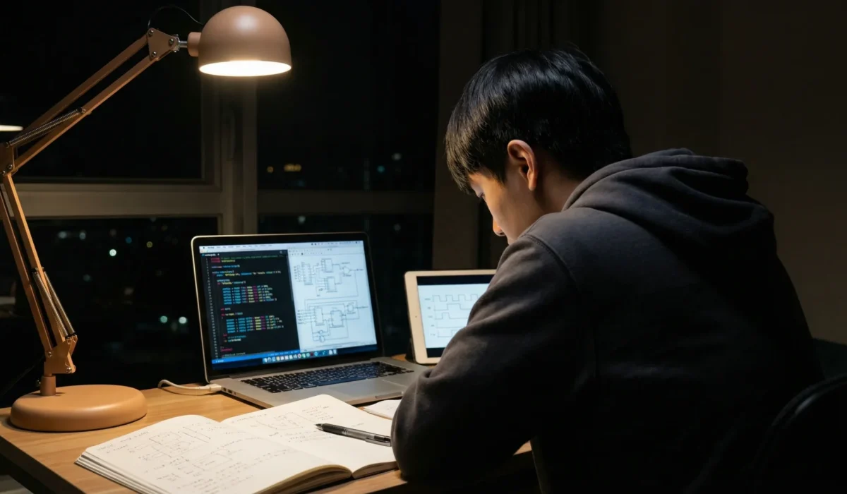 전기전자공학과 학생이 시뮬레이션 코딩 공부하는 모습 - 노트북과 회로 시뮬레이션 화면